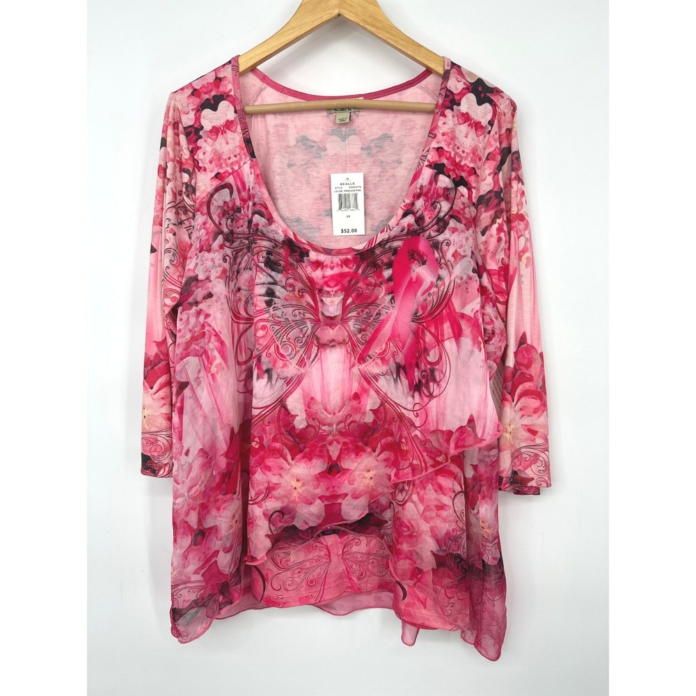 One World Top Women 2X Watercolor Pink Floral Butterfly Layered Tunic Boho Flowy